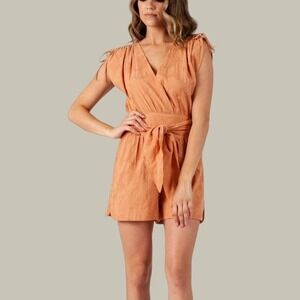 Lucca Petra Grecian Tie Waist Romper Womens L Apricot Orange Resort Vacation NEW